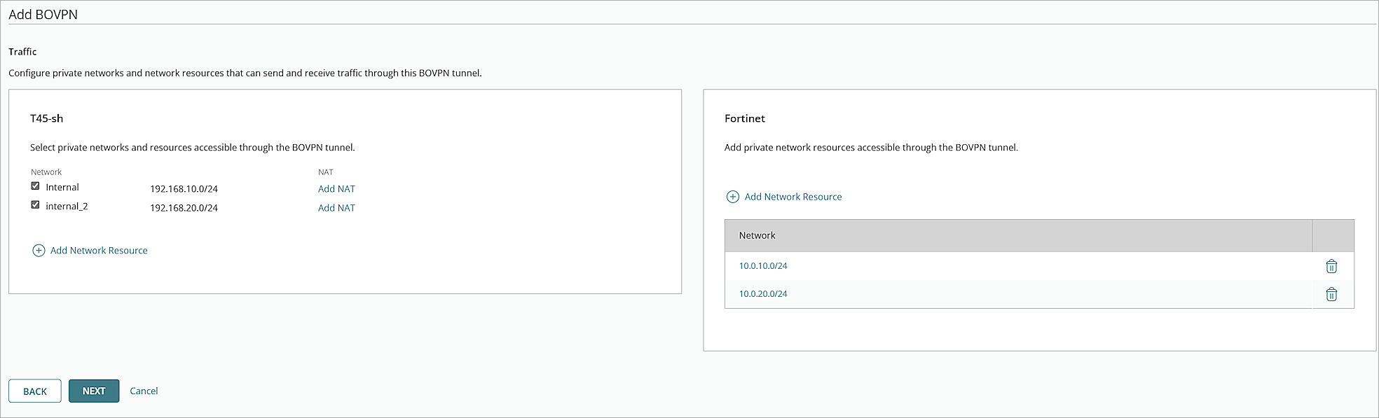 Screenshot of the Add BOVPN page Traffic settings in WatchGuard Cloud