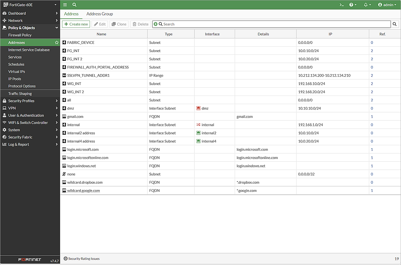 Screenshot of the Addresses page in the FortiGate Web UI with new addresses