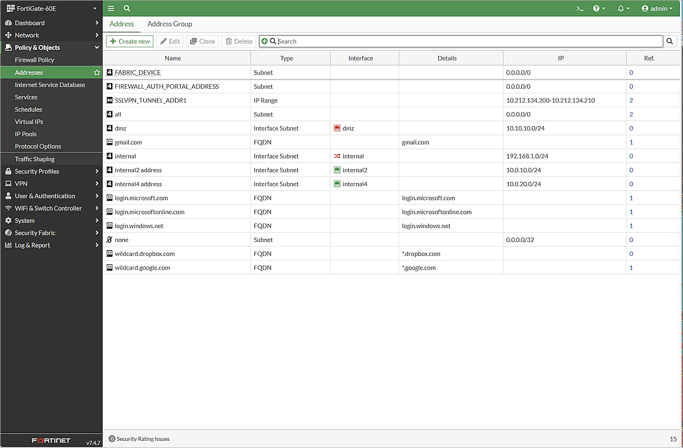 Screenshot of the Addresses page in the FortiGate Web UI