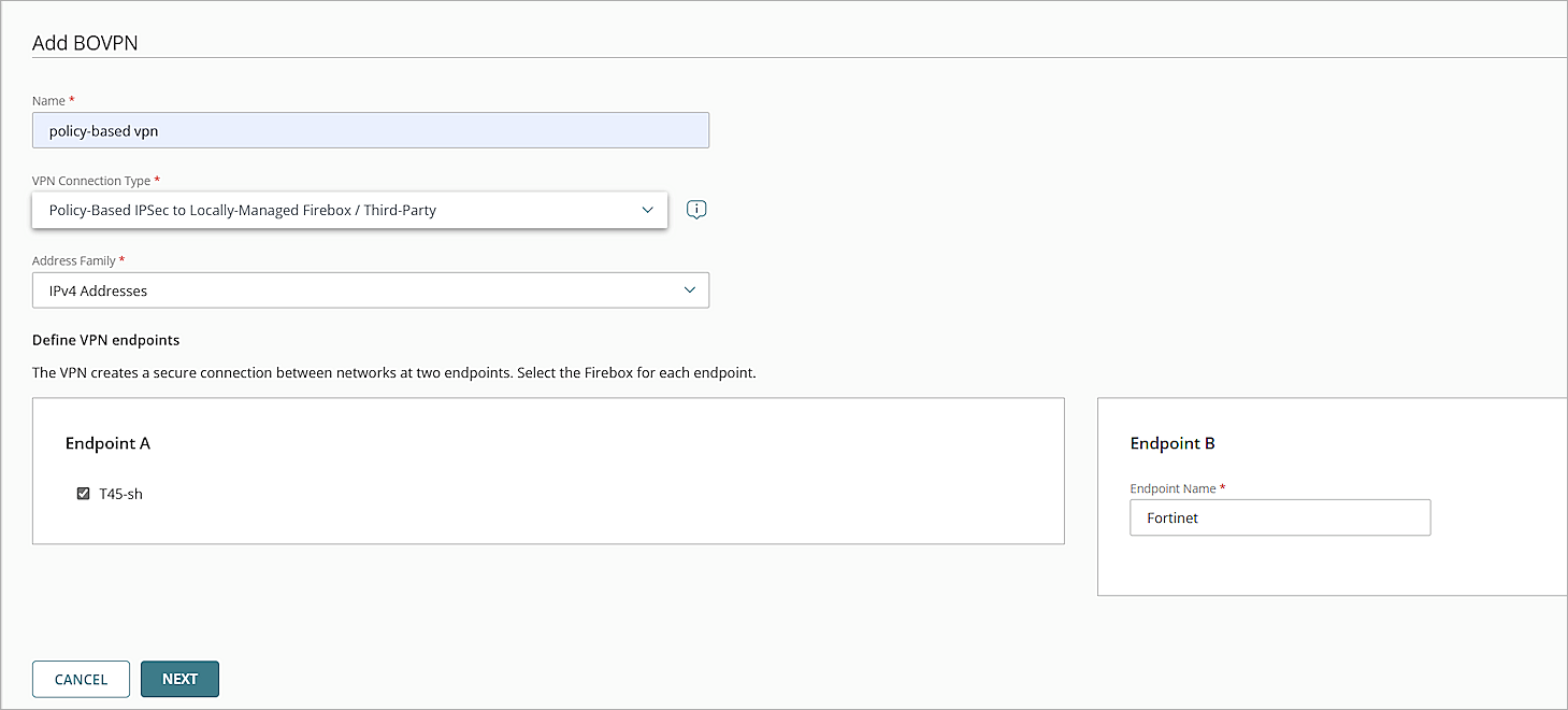 Screenshot of the Add BOVPN page in WatchGuard Cloud