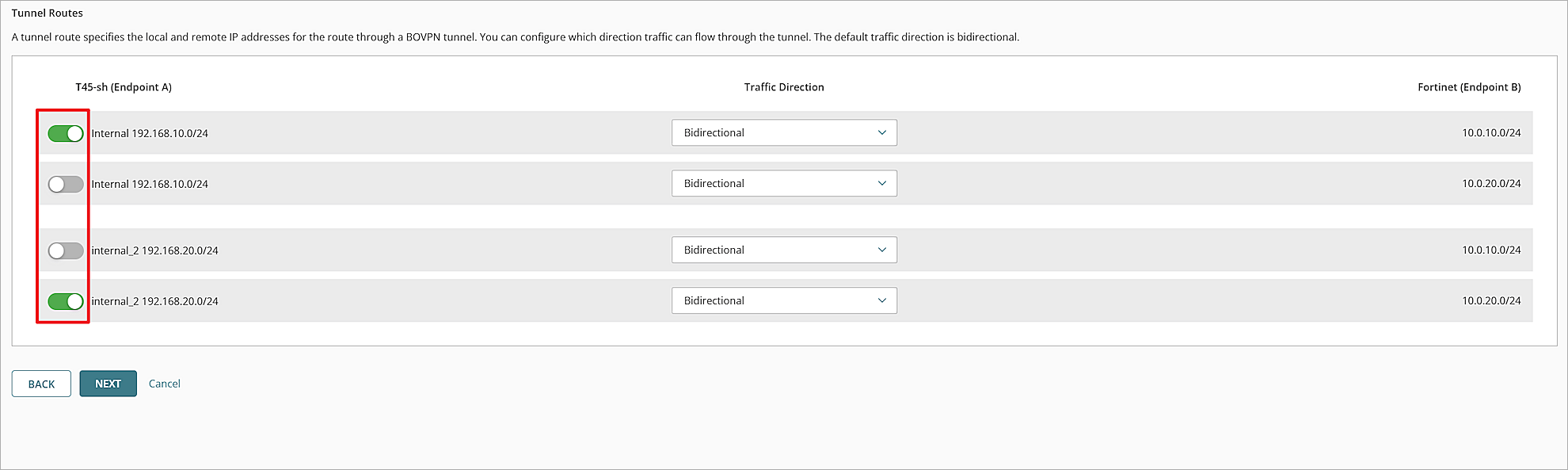 Screenshot of the Add BOVPN page Tunnel Routes settings in WatchGuard Cloud