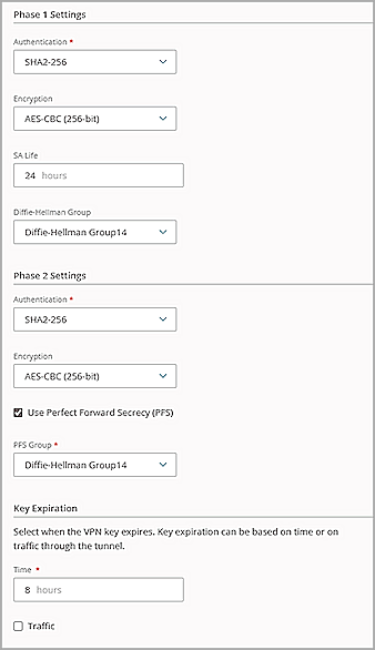 Screenshot of the Add BOVPN wizard Phase 1 and 2 Settings and Key Expiration settings in WatchGuard Cloud