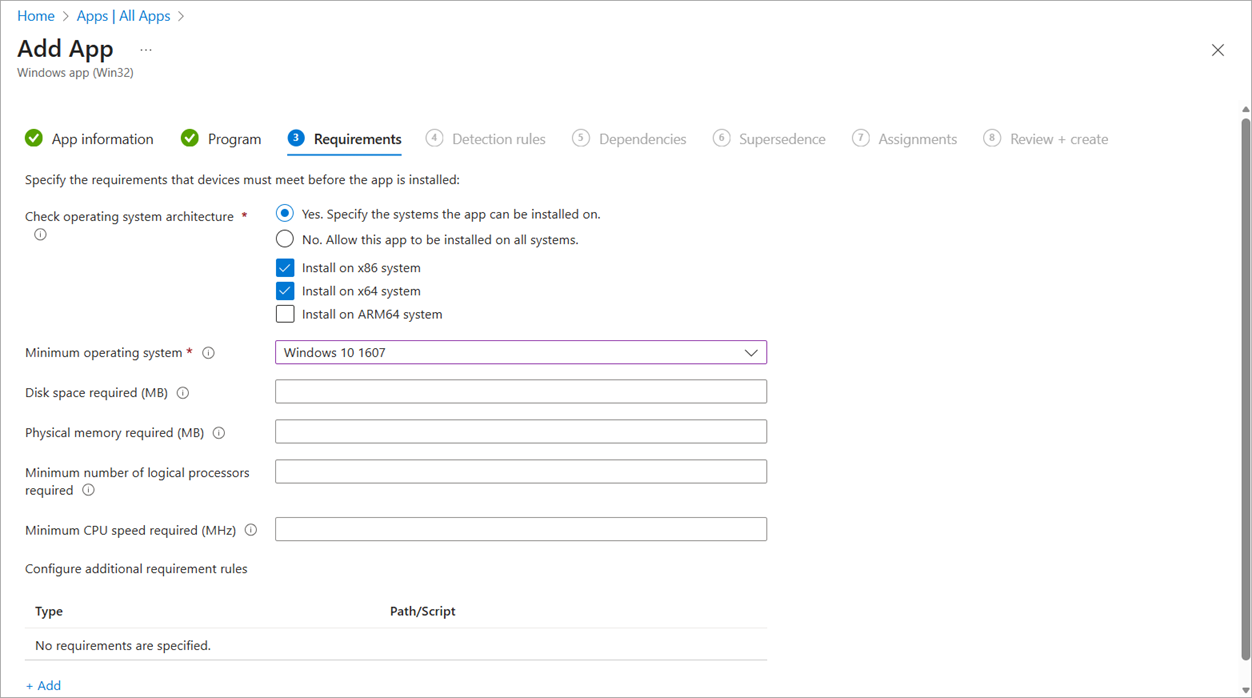 Screenshot of the Requirements page