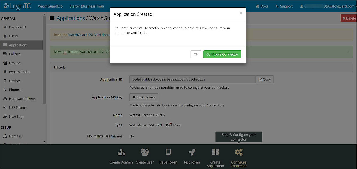 Screenshot of the Application Created dialog box