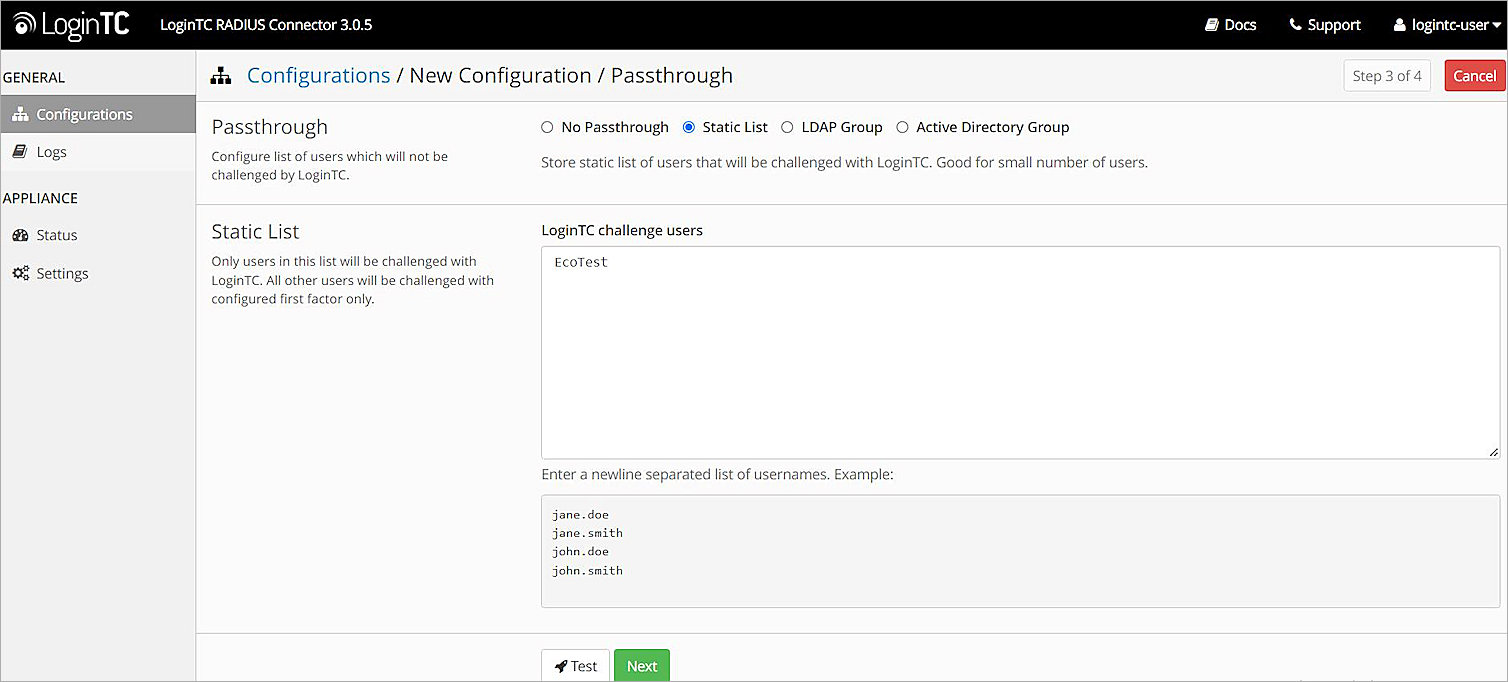 Screenshot of the LoginTC Passthrough page