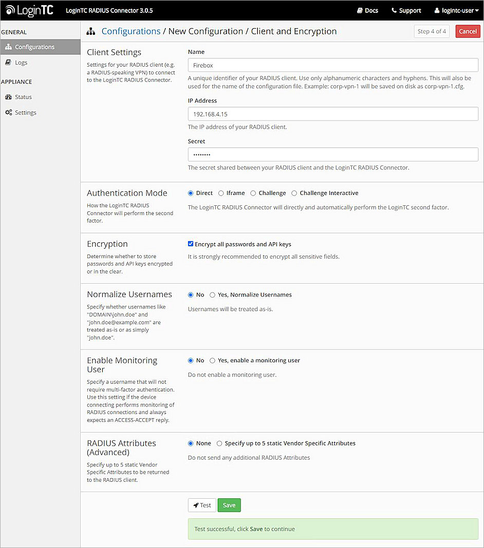 Screenshot of the LoginTC Client and Encryption page