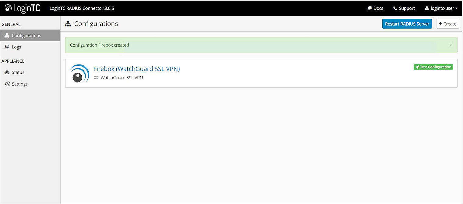 Screenshot of the LoginTC test configurations page