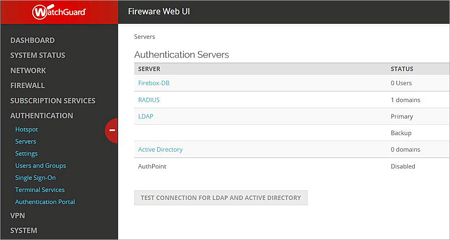 Screenshot of the Firebox Athentication Servers page