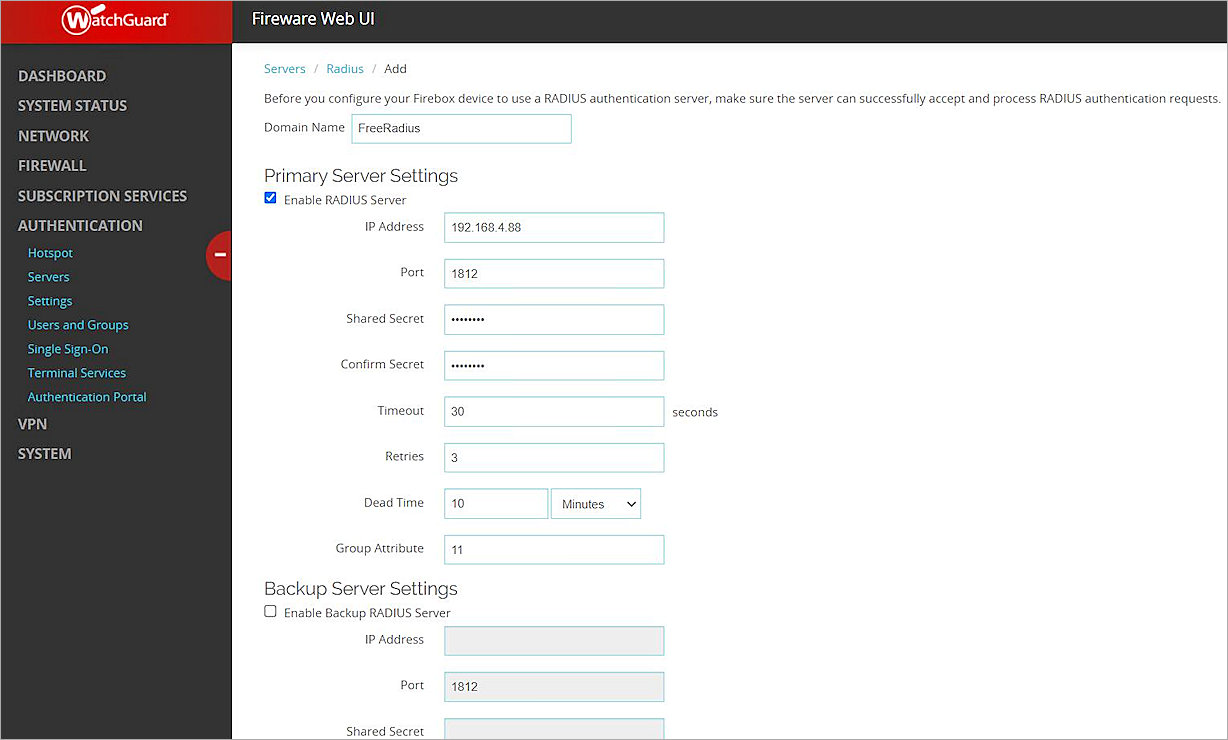 Screenshot of the Firebox Server Settings page