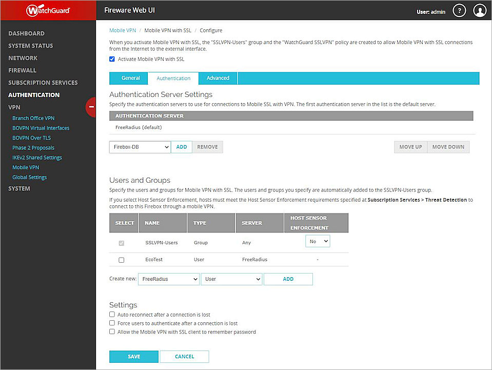 Screenshot of the Firebox Authentication Server Settings page