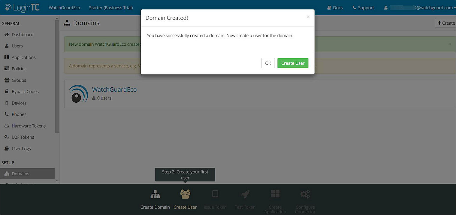 Screenshot of the Domain Created dialog box