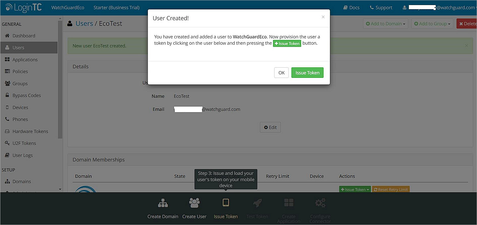Screenshot of the User Created dialog box