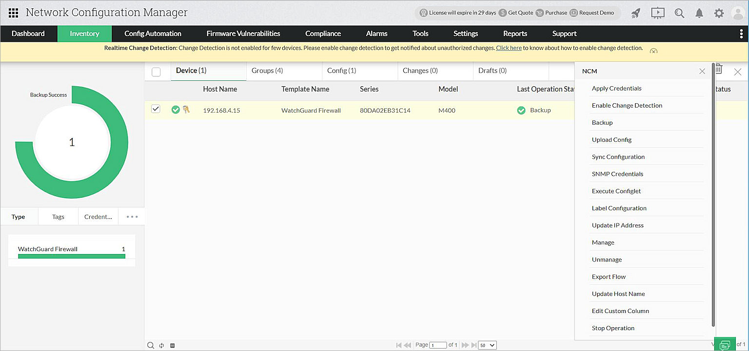 Screen shot of the Upload Config menu item