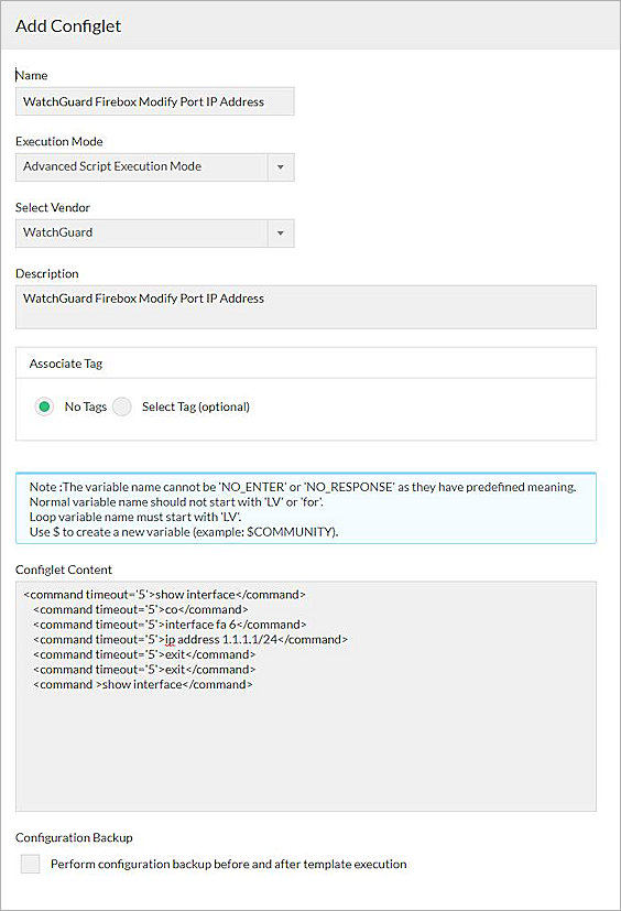 Screen shot of the Add Configlet dialog box with settings configured