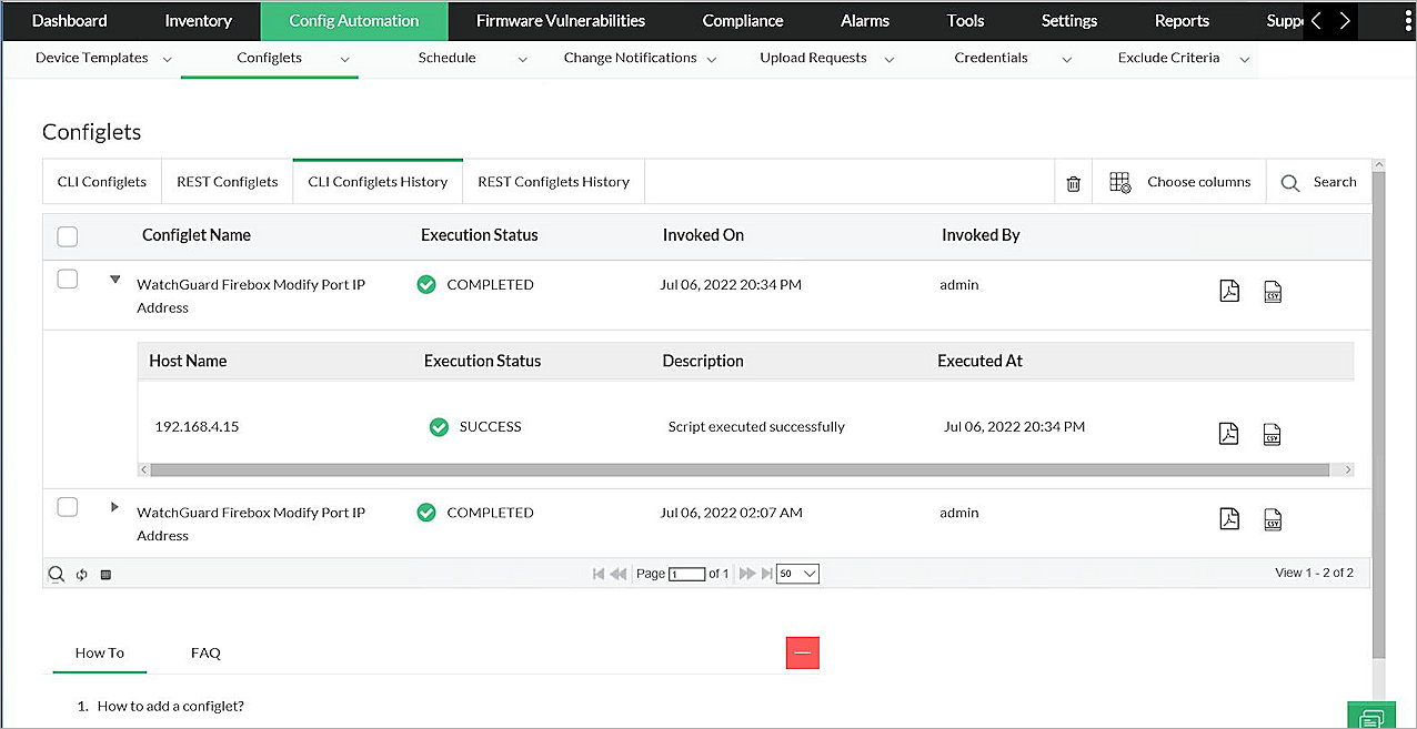 Screen shot of the Configlets Execution Details page