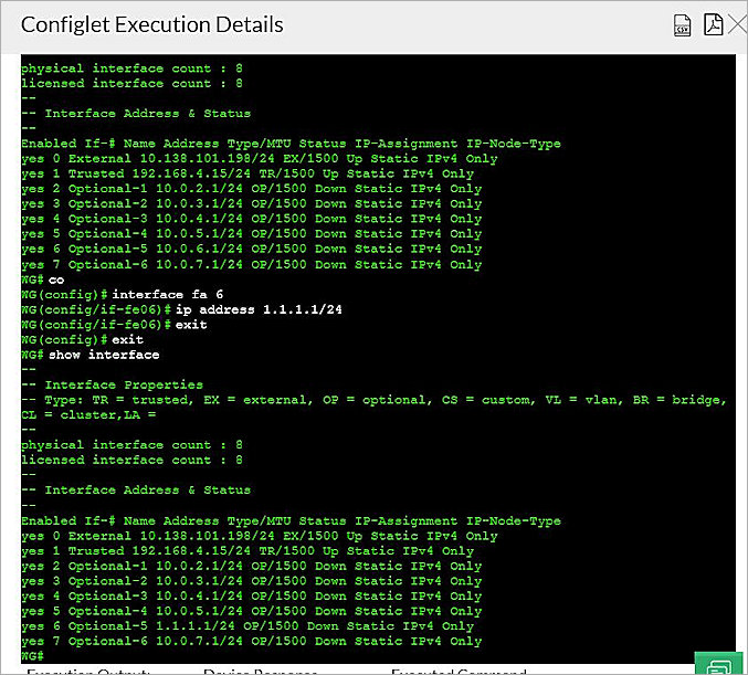 Screen shot of the Configlets Execution Details for this example