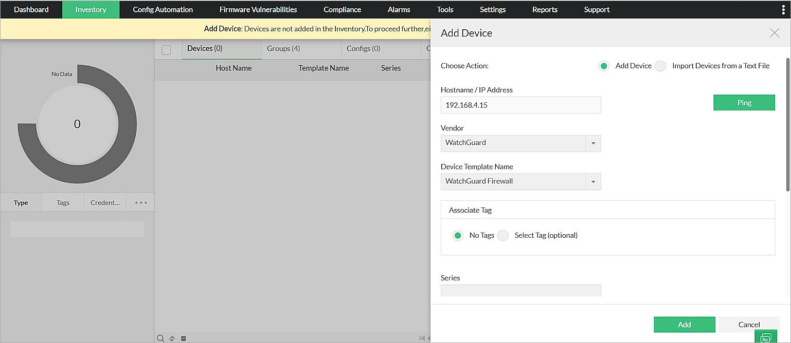 Screen shot of the Add Device page
