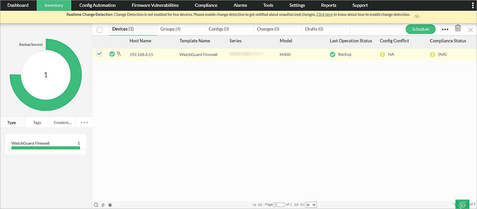 Screen shot of the device page - status Backup Success