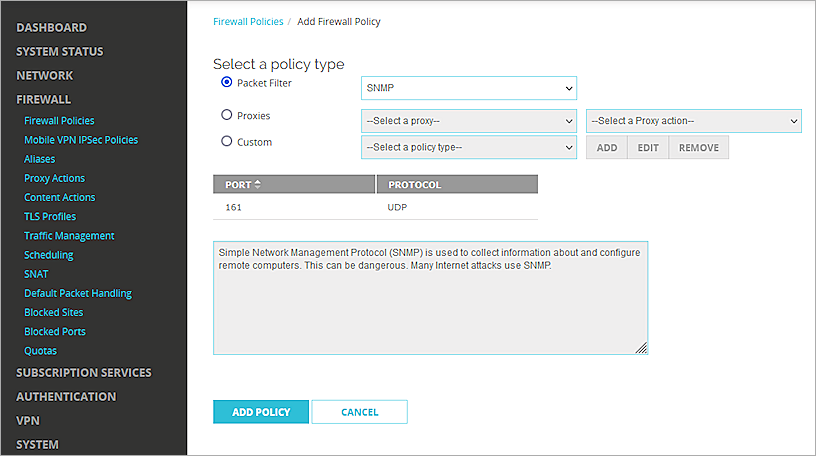 Screenshot of the packet filter policy settings on a Firebox