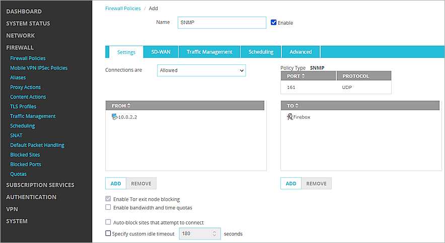 Screenshot of the policy settings on a Firebox