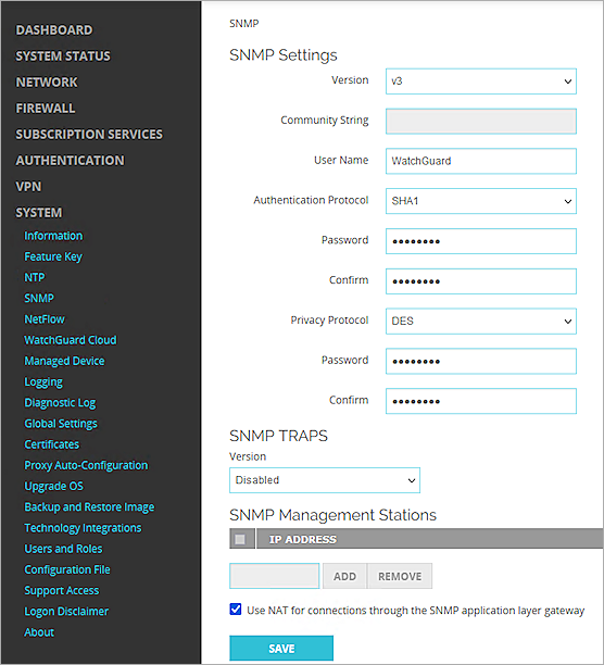 Screenshot of the SNMP settings on a Firebox