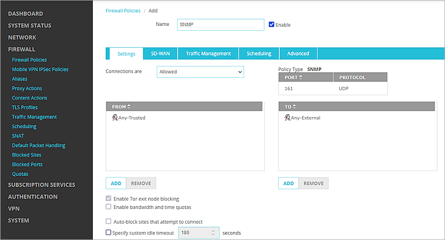Screenshot of the default policy settings on a Firebox