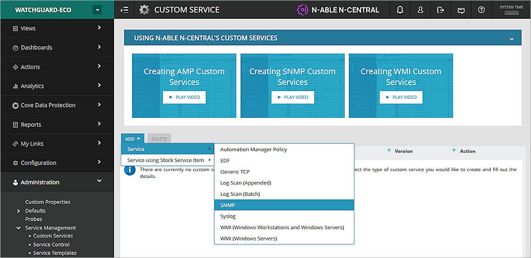 Screenshot of the SNMP services selection in N-central