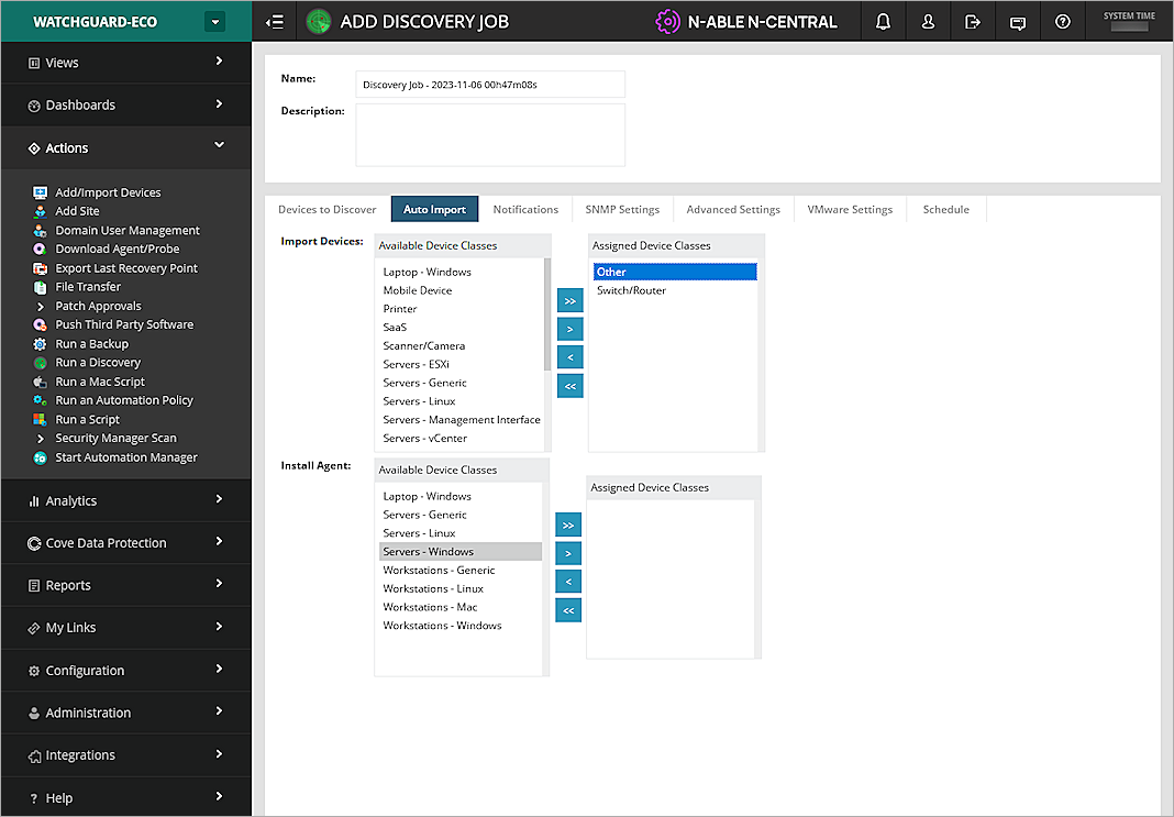 Screenshot of the Auto Import discovery job settings in N-central