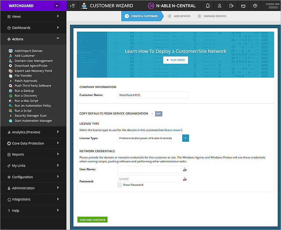 Screenshot of the customer settings in N-central