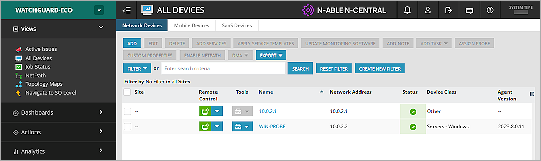 Screenshot of the discovered devices in N-central
