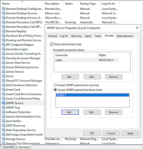 Screenshot of the SNMP Service settings on Windows Server