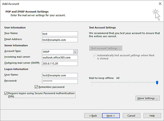 Screen shot of the POP and IMAP account settings