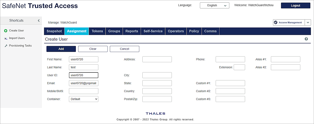 Screenshot of Create User page