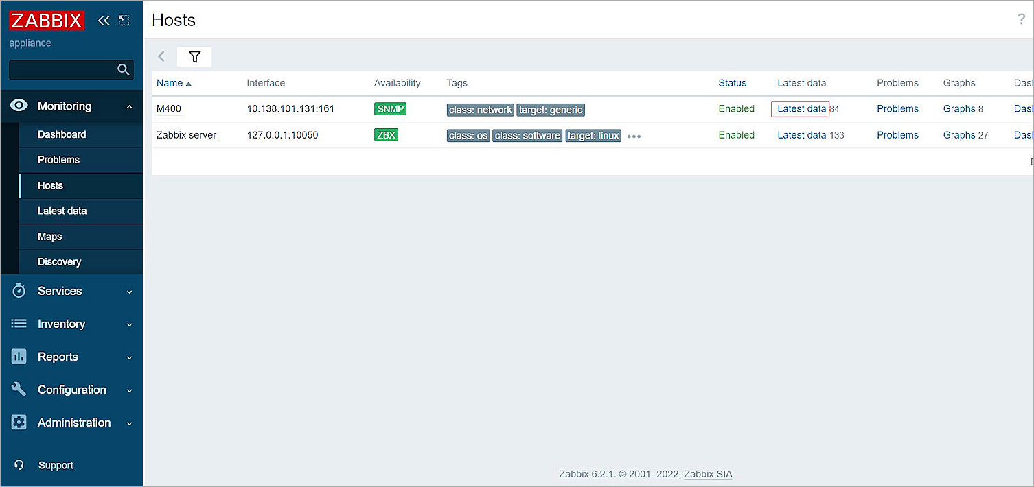 Screen shot of the Zabbix Monitorying Hosts page
