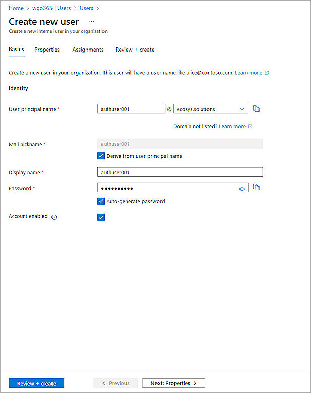 Screenshot of Entra ID, Azure new user setup 1
