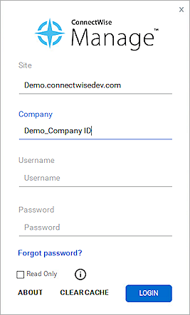 Screen shot of ConnectWise login dialog box