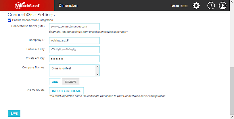 Screen shot of ConnectWise Settings dialog box
