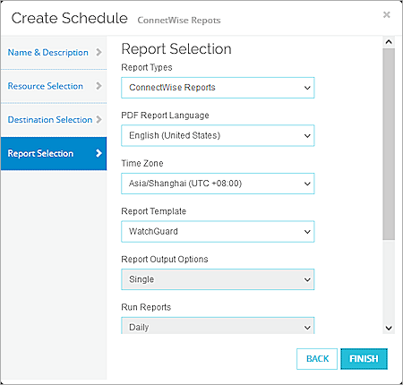 Screen shot of the Create Schedule Report Selection dialog box