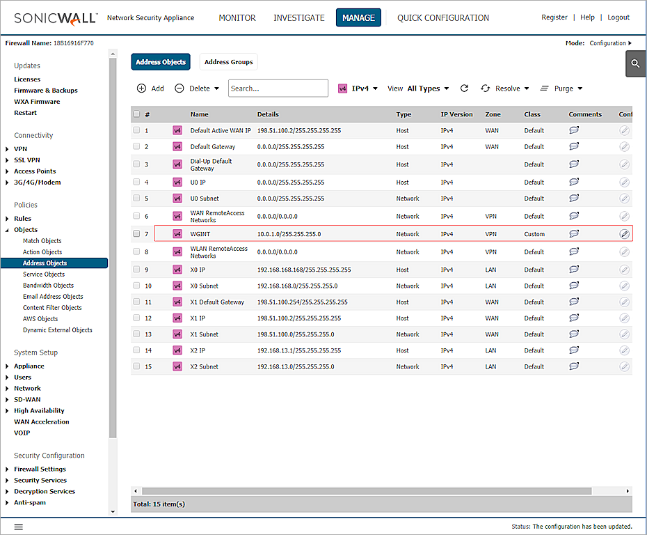 Screenshot of sonicwall, pictuer4, the address objects page