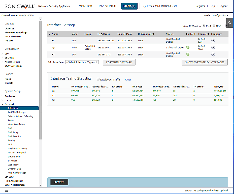 Screen shot of the Dell SonicWALL interface settings