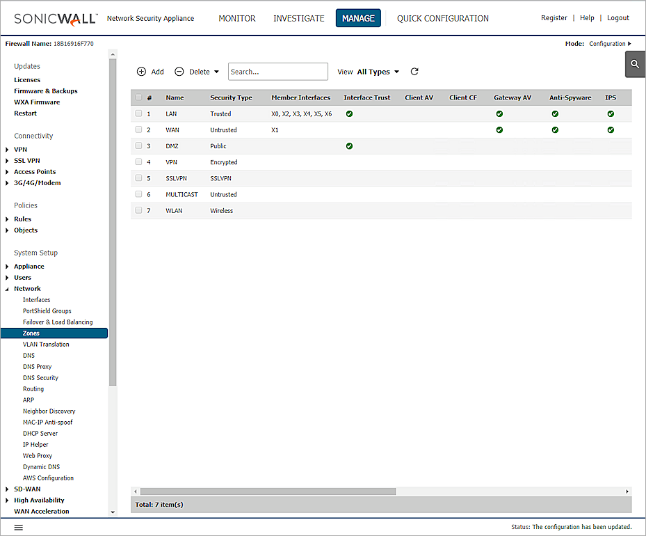 Screen shot of the Dell SonicWALL zone settings