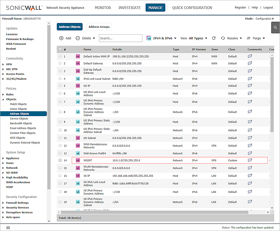 Screen shot of the Dell SonicWALL address object settings