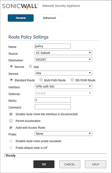 Screen shot of the Dell SonicWALL route policy settings