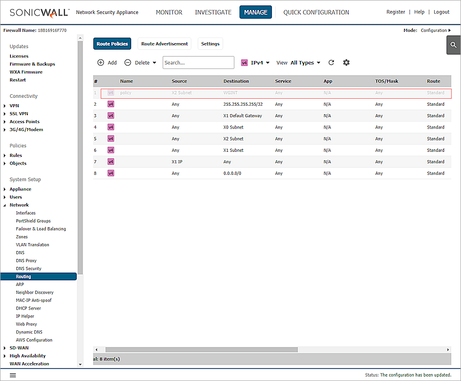 Screen shot of Dell SonicWALL route policies