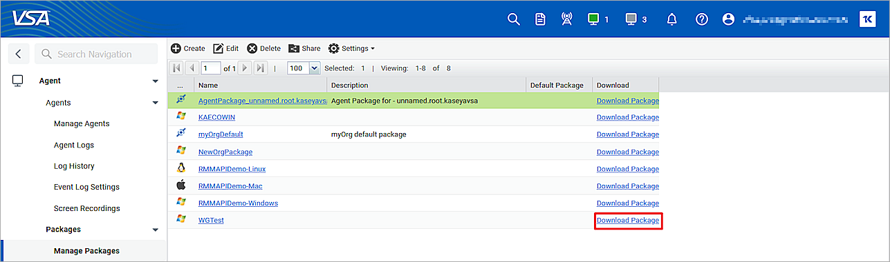 Screen shot of the Kaseya VSA Manage Packages page