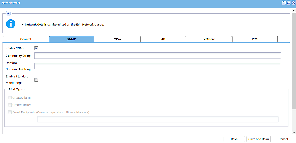 Screenshot of Kaseya New Network SNMP tab