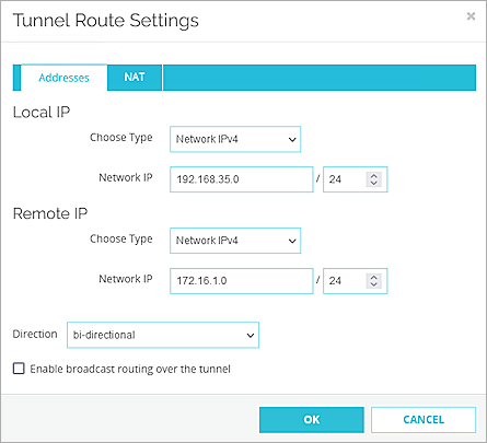 Screenshot of Firebox, tunnel route settings