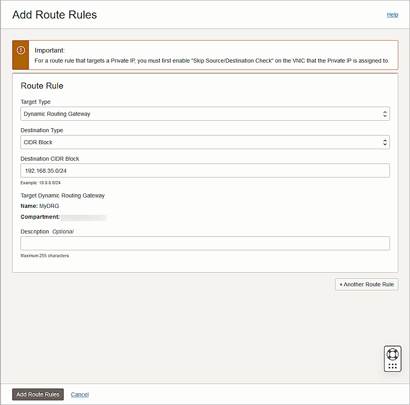 Screenshot of Oracle Cloud, Add Route Rules 001