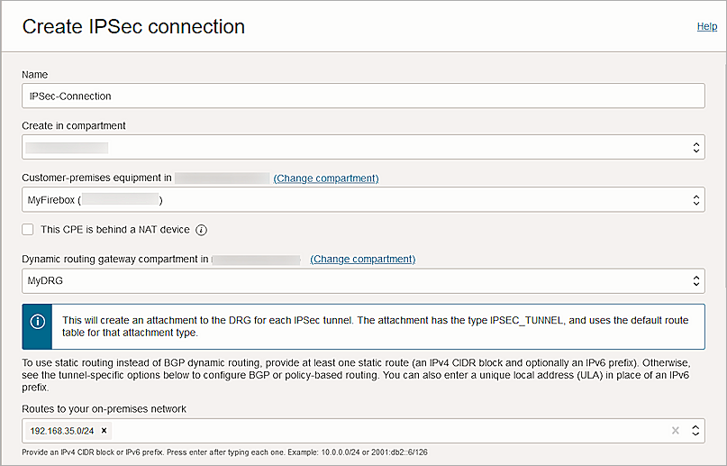 Screenshot of Oracle Cloud, oracle create Ipsec connection 001