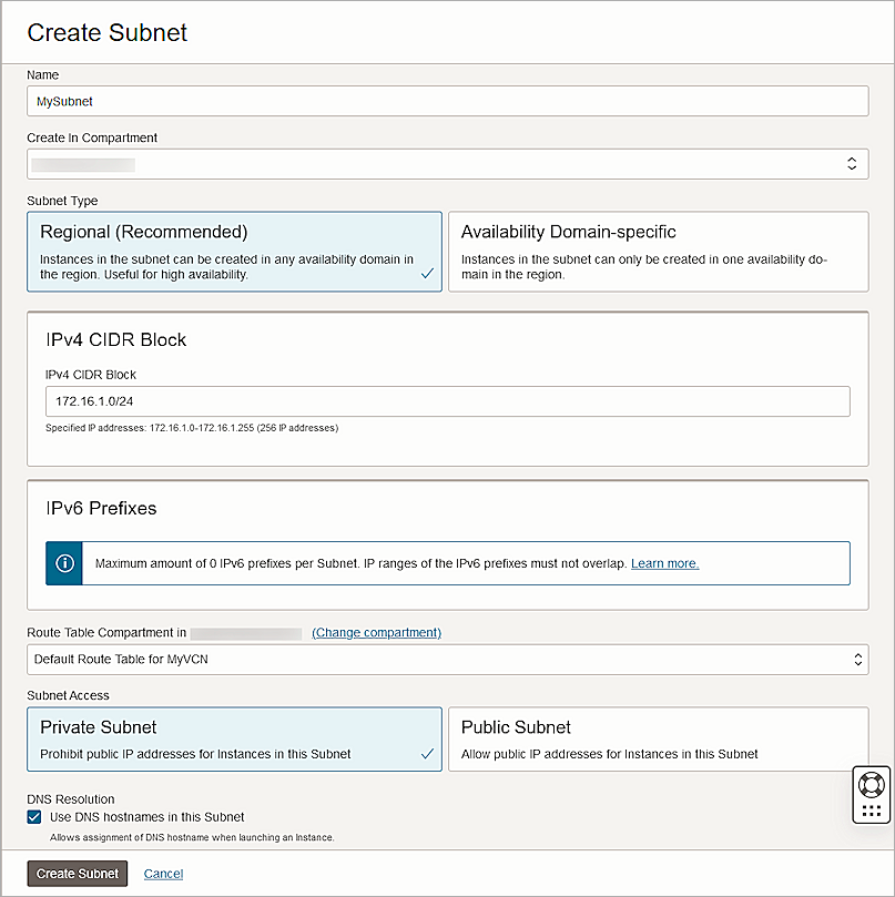 Screenshot of Oracle Cloud, Oracle create Subnet